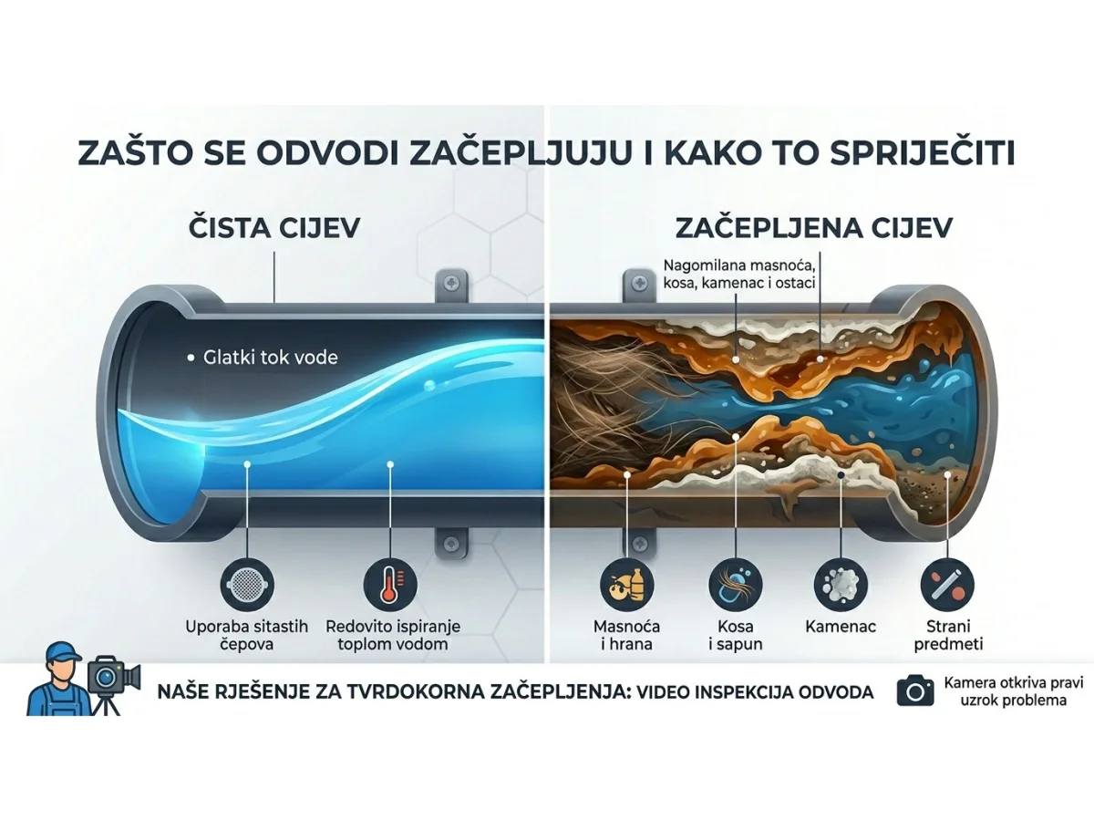 Infografika koja prikazuje presjek čiste cijevi naspram cijevi začepljene masnoćom, kosom i kamencem
